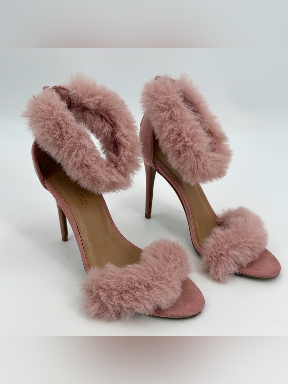 Anne Michelle High Heel Sandals Womens 7.5 Pink Faux Fur Straps Stilettos Party